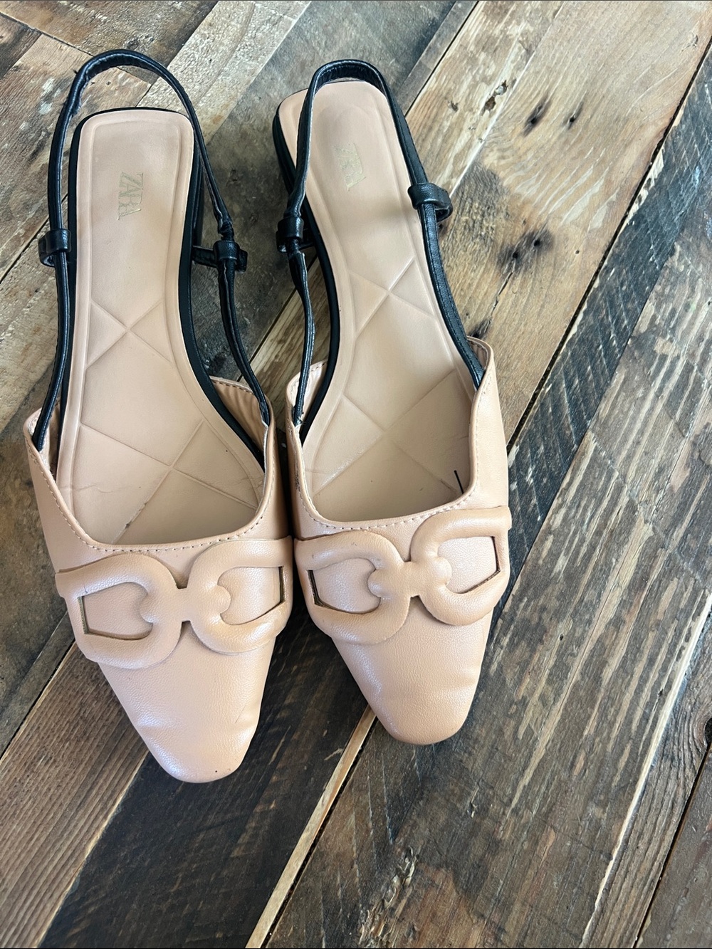 Zara Beige Pointed Slingback Flats with Black Strap
